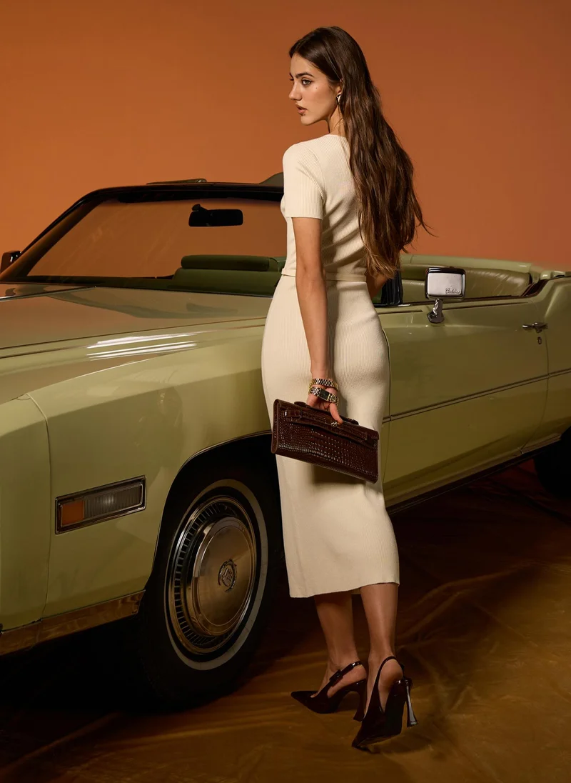 Lichi Knitted midi dress with buttons at the front and matching belt